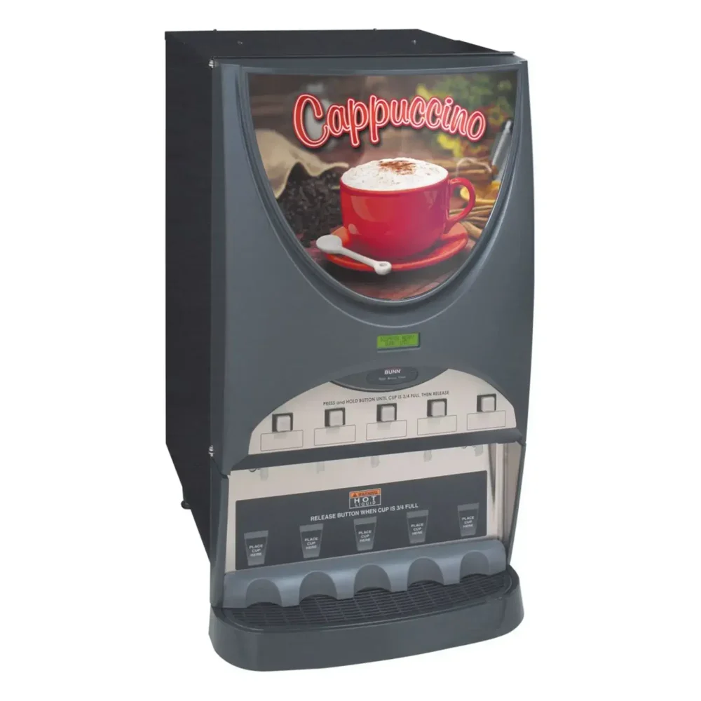 Bunn iMIX-5S Plus Silver Series Hot Drink Dispenser, 5 Hoppers, Cappuccino Display, Silver