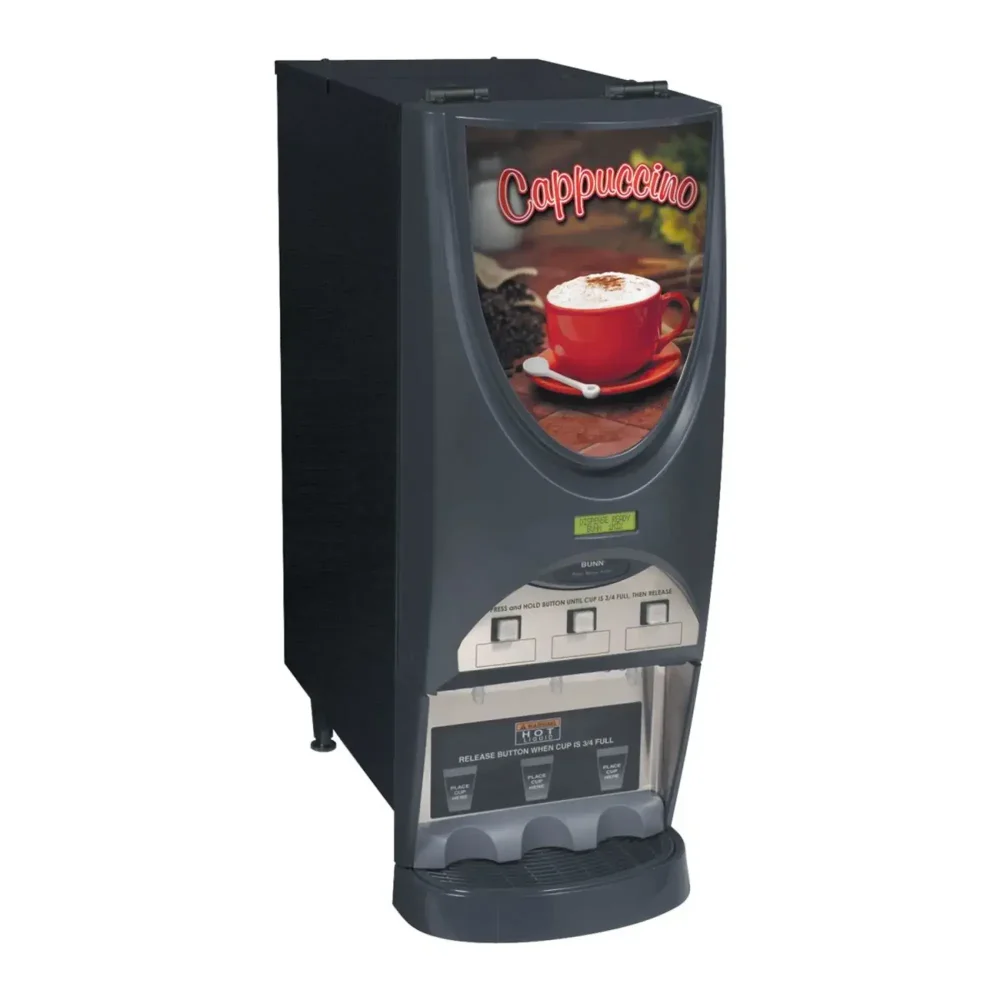 Bunn iMIX-3 Hot Beverage Dispenser, 4.5 gal/hr, 8 lb Hoppers, Cappuccino Display, Black