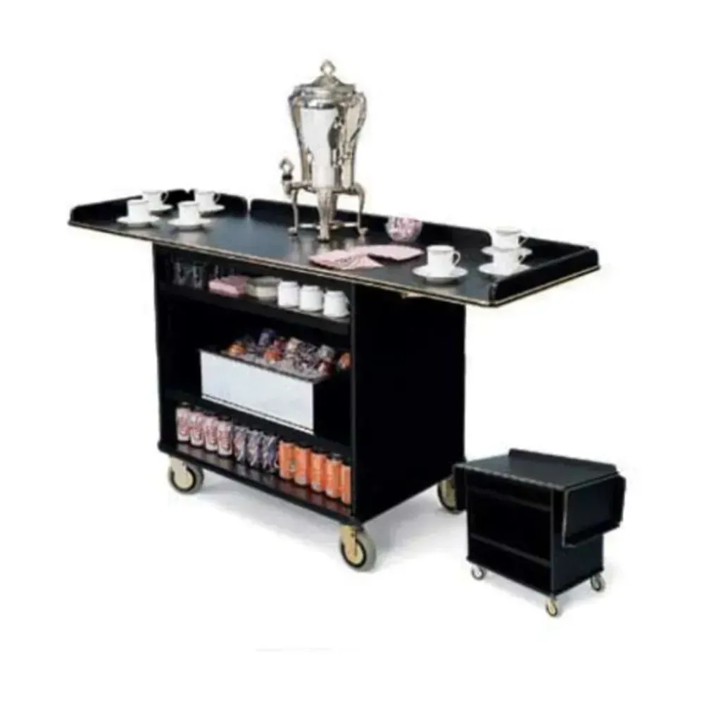 Forbes Industries coffee/beverage cart with high pressure laminate cabinet and two drop leaves, expandable design for flexible beverage service.