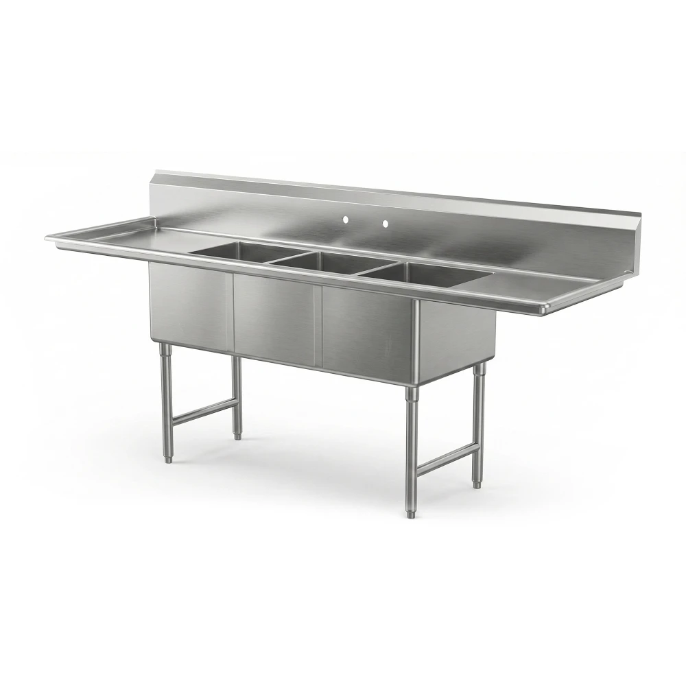 Serv-Ware E3CWP18182-18 90" 3-Compartment Sink, 18" x 18" Bowl with 2 Drainboards