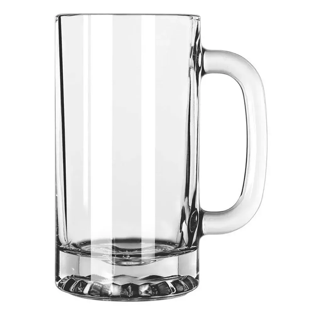 Beer tankard from Libbey with a rounded body and easy grip handle is ideal for casual or themed beverage service in a pub setting.