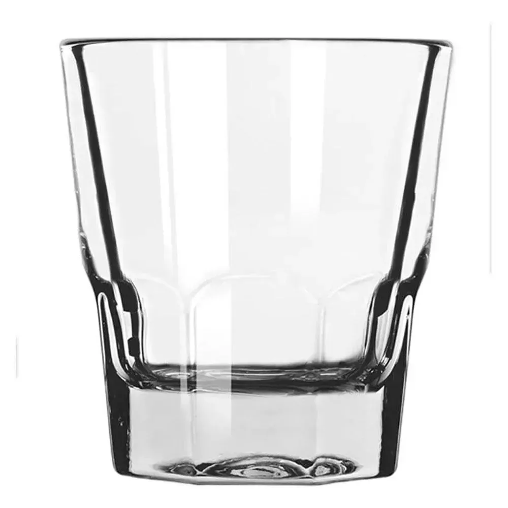 Round rocks glass by Libbey with a smooth profile and clear finish, ideal for whiskey or mixed drinks in hotel bars or restaurant settings.