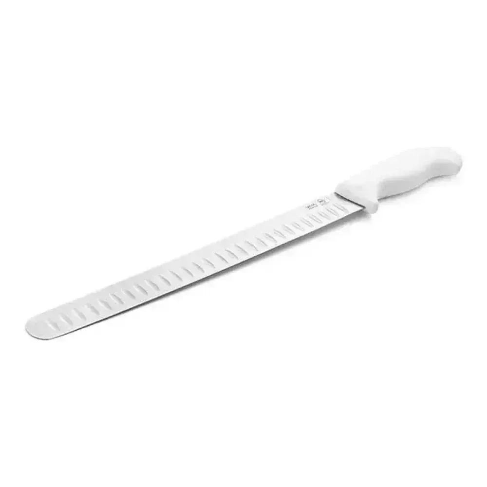 Taylor slicer knife with white handle and kullens, reduces sticking while slicing meats, hams, and roasts for smooth, clean kitchen performance.