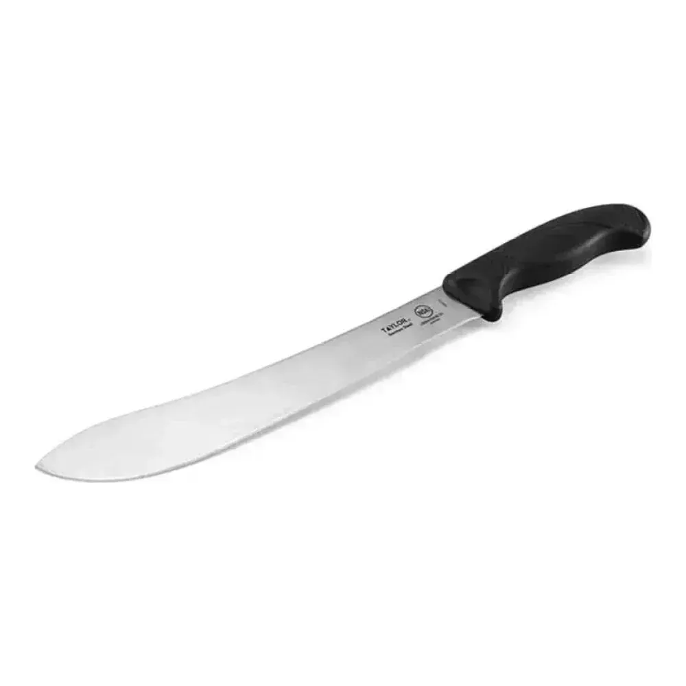 Taylor butcher knife with black silicone handle featuring a strong, sharp blade for cutting large meat portions or tougher prep items with ease.