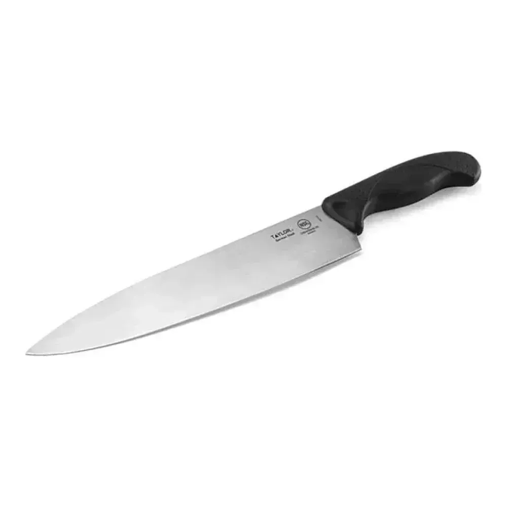 Taylor chef knife with black silicone handle, versatile and ergonomic tool for daily prep work in restaurants and food production lines.