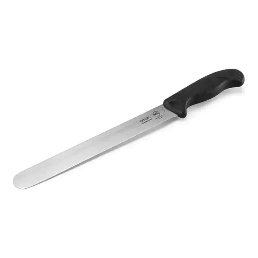 Taylor slicer knife with black silicone handle for carving meats with smooth, professional cuts, perfect for restaurant or buffet service.