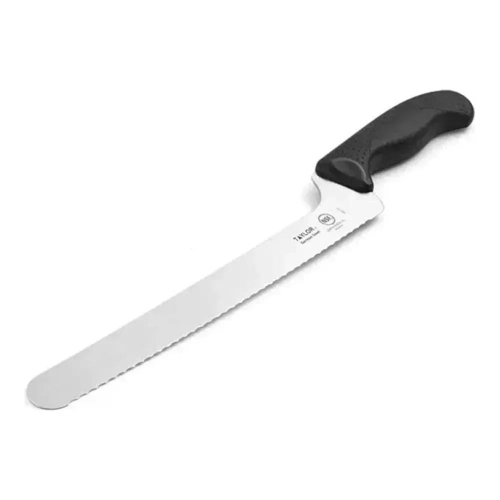 Taylor bread knife with black silicone handle, serrated edge ideal for cleanly slicing loaves, baguettes, and soft baked items in kitchen settings.