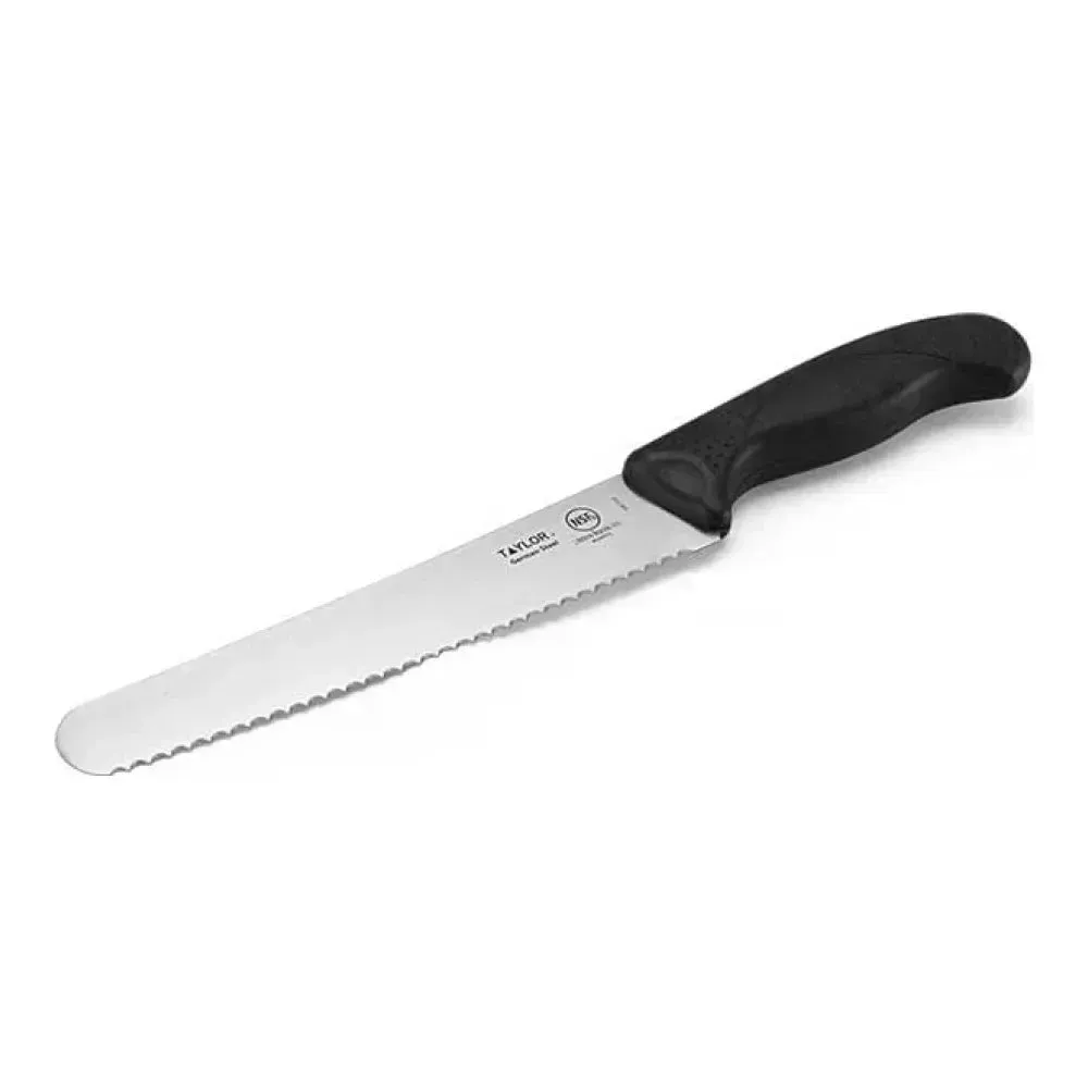 Taylor bread knife with black silicone handle, perfect for slicing through loaves, buns, and other bakery items with clean, even cuts.