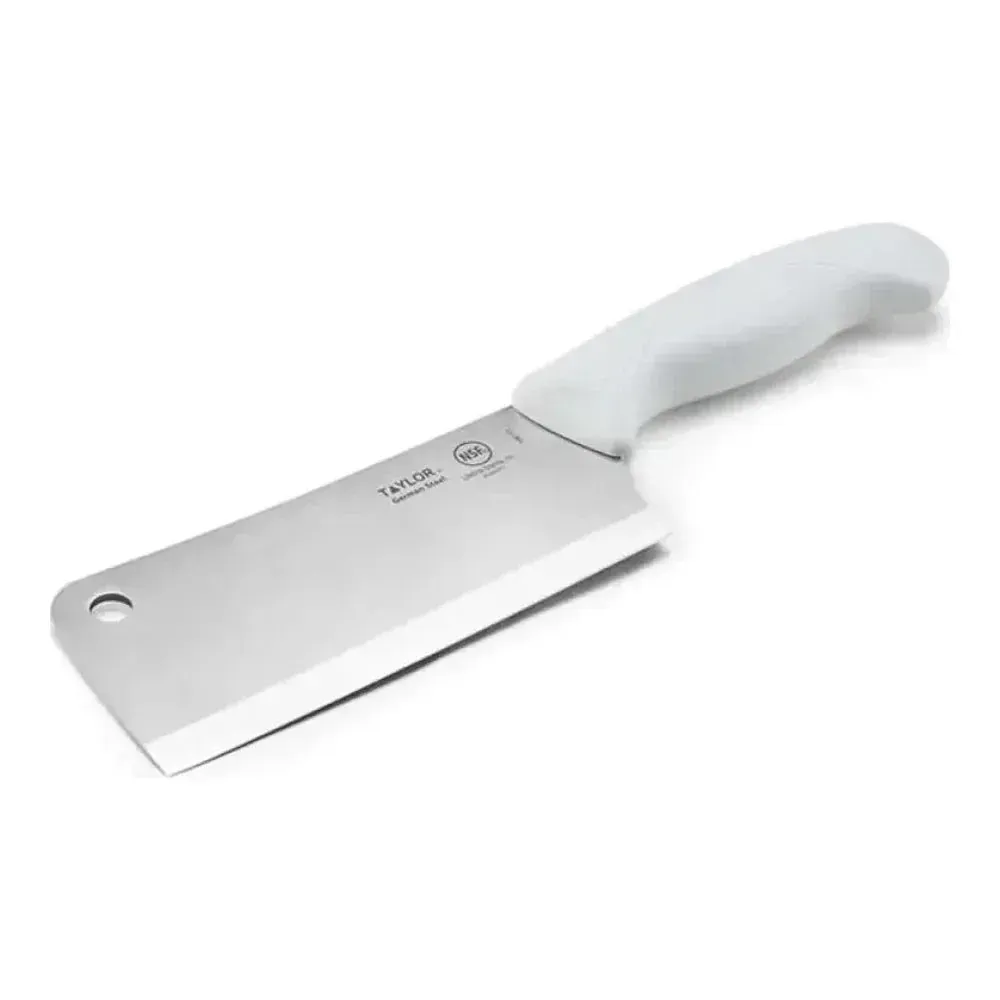 Taylor cleaver with white silicone handle, heavy-duty and sharp for chopping meats, vegetables, or tough ingredients with ease and control.