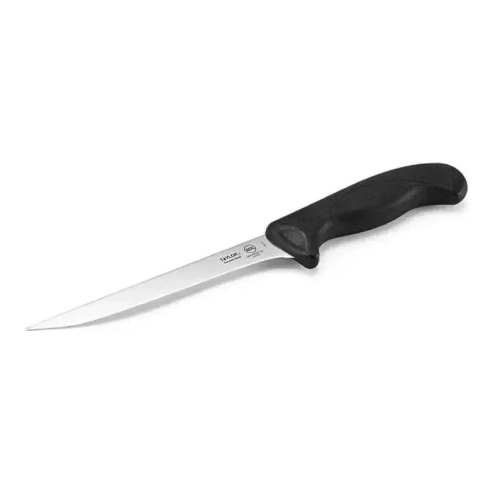 Taylor boning knife with black silicone handle, durable and ergonomic for precision meat preparation and bone removal in busy kitchens.