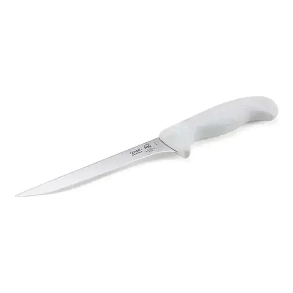 Taylor boning knife with white silicone handle, flexible and sharp for efficient bone removal and meat trimming in commercial kitchen settings.