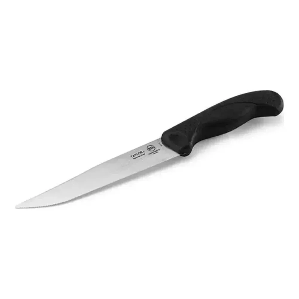 Taylor serrated utility knife with black silicone handle, reliable and sharp for cutting sandwiches, soft produce, and everyday prep work.