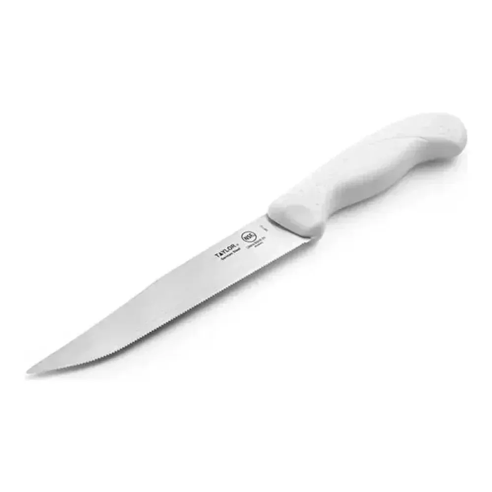 Taylor serrated utility knife with white silicone handle, ideal for clean slicing of soft foods like bread, tomatoes, and other delicate produce.