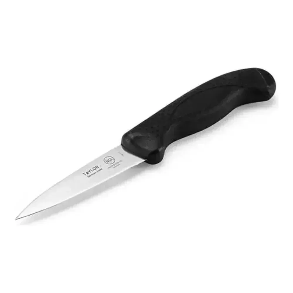 Taylor small paring knife with black silicone handle, versatile and precise for peeling, trimming vegetables, and other detail-oriented kitchen prep.