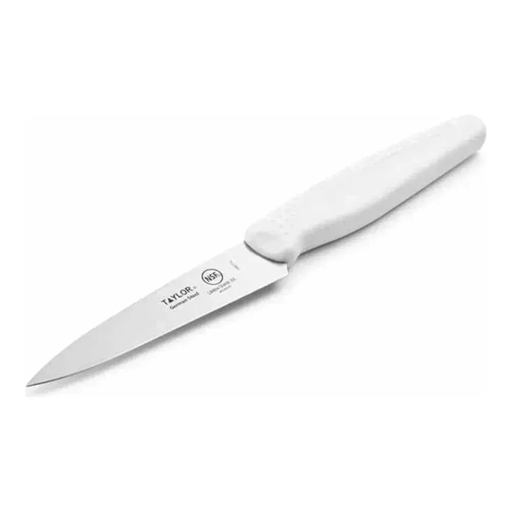 Taylor paring knife with white silicone handle, ergonomic and non-slip for easy peeling, slicing, and precision prep tasks in any kitchen setting.