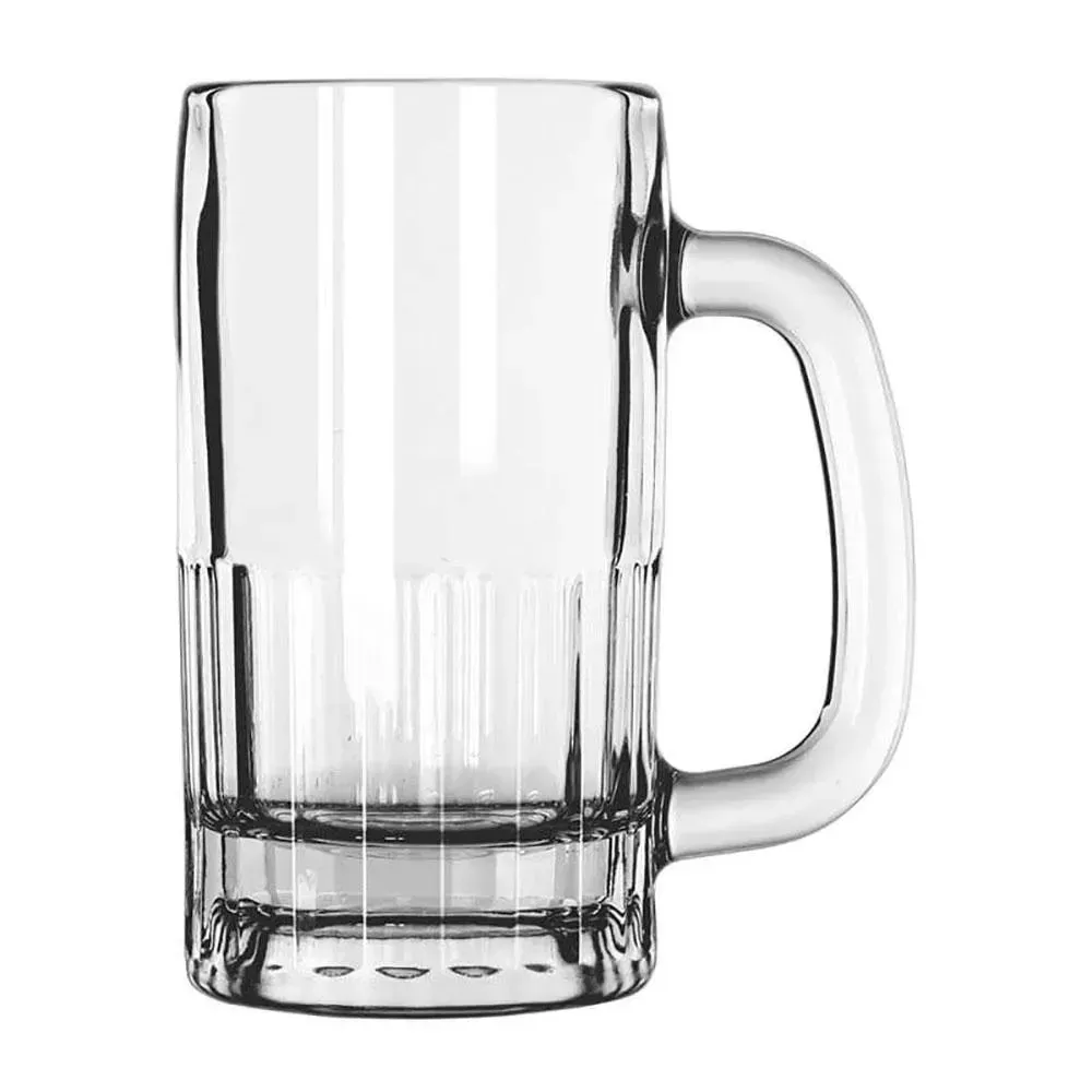 Round beer mug by Libbey features a sturdy design for dependable use at hotel bars or restaurant counters, a classic and durable choice.