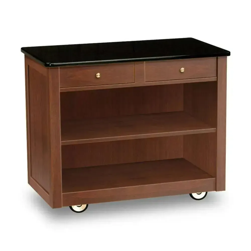 Forbes Industries hardwood service cart with Avonite top, two drawers, and veneer cabinet, offers elegance and storage for food or beverage service.