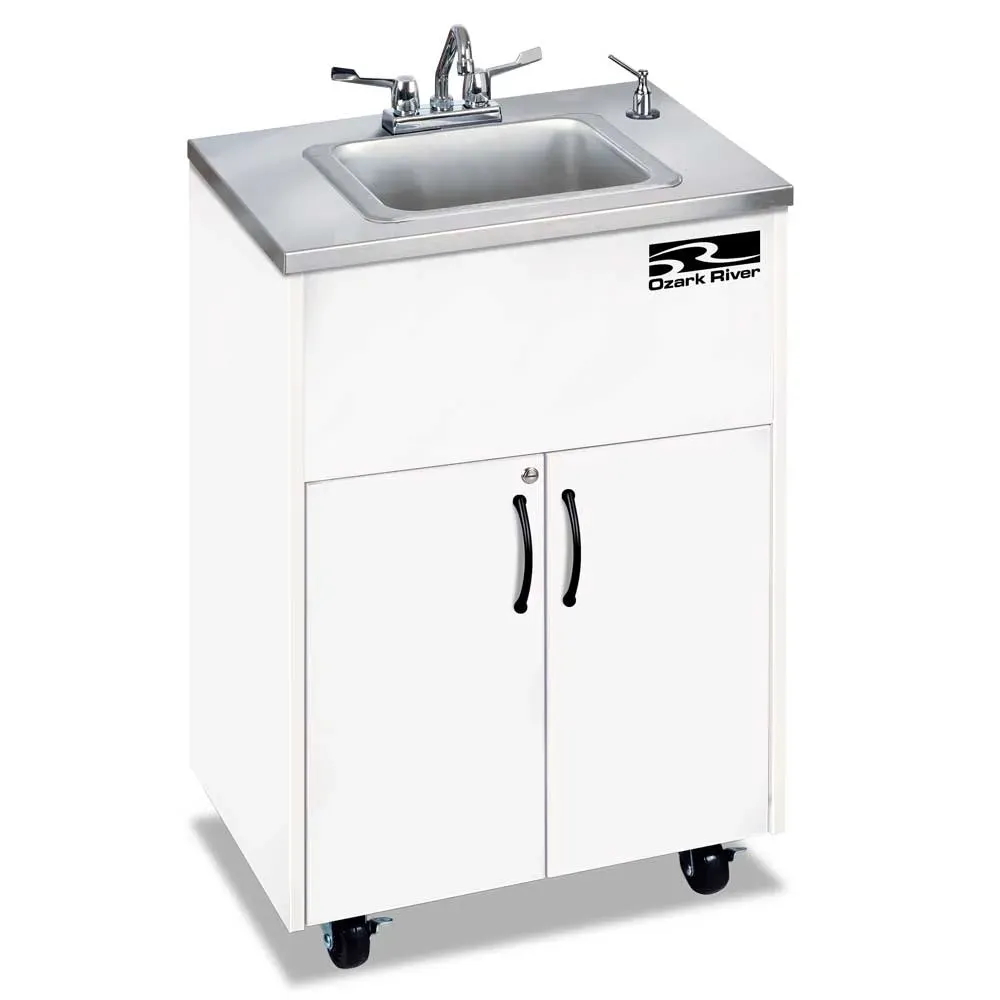 Forbes Industries black laminate handwashing cart, compact mobile hygiene station designed for convenience in commercial or event service settings.