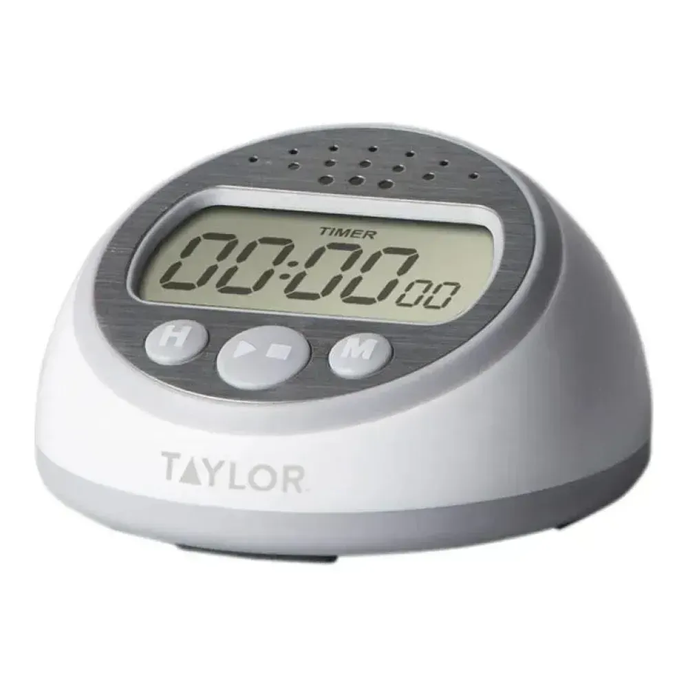 Taylor extra-loud digital kitchen timer with clock, designed for clear alerts during cooking or baking in noisy or high-traffic foodservice environments.