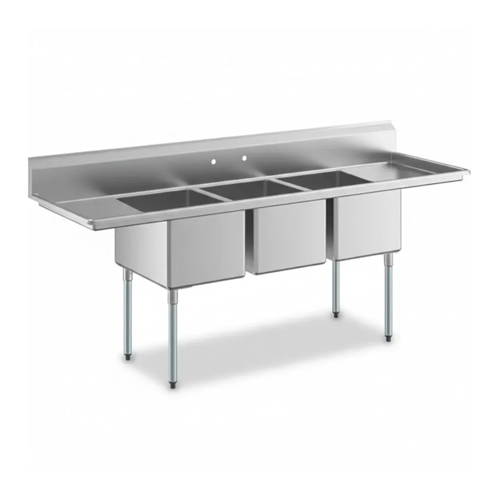 ChefPro Series 94" Stainless Steel Three Compartment Commercial Sink with Galvanized Steel Legs and 2 Drainboards, 18" x 24" x 14" Bowls