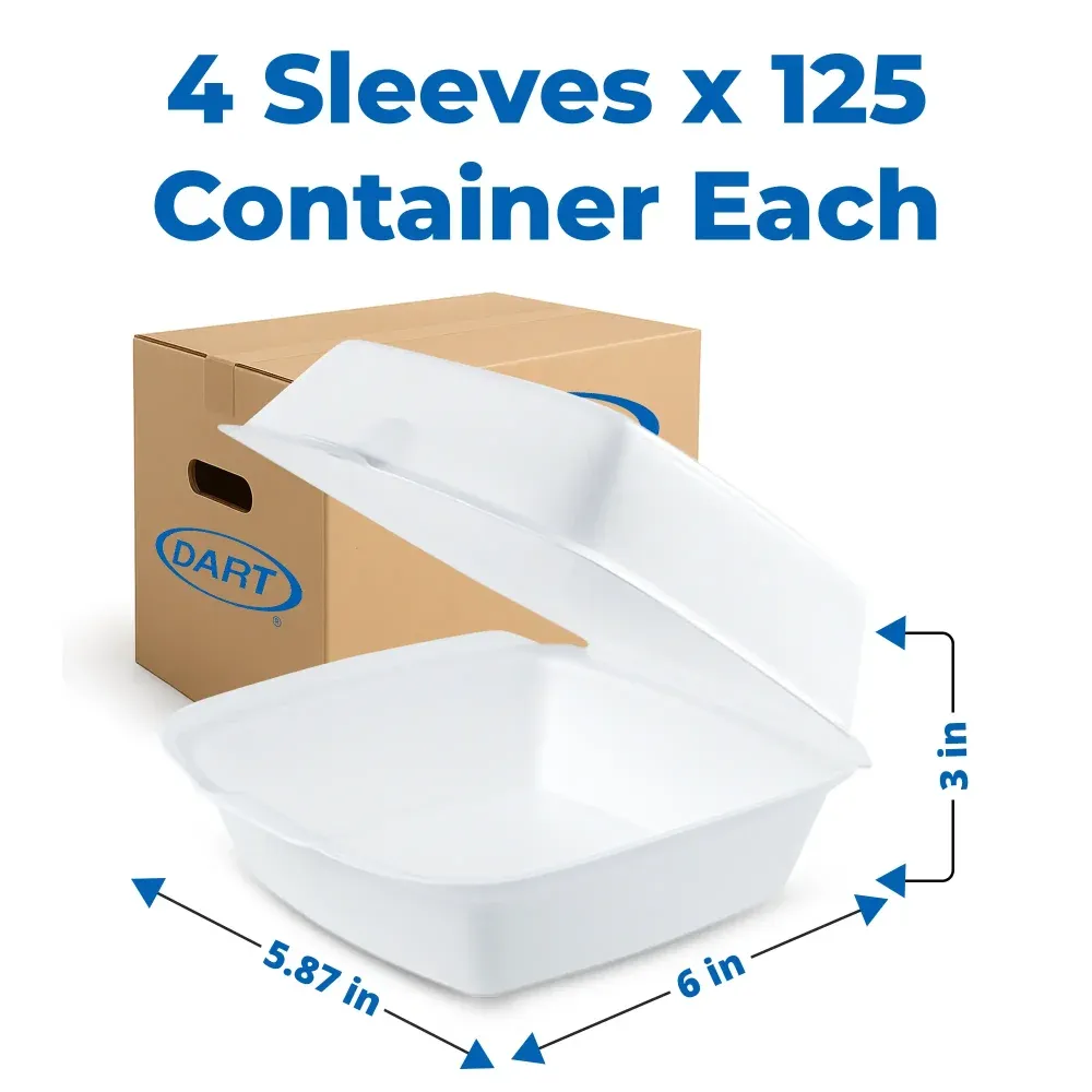 Dart 60HT1 Foam Take Out Sandwich Container with Hinged Lid, Large, 6" x 5.87" x 3", 500/Case
