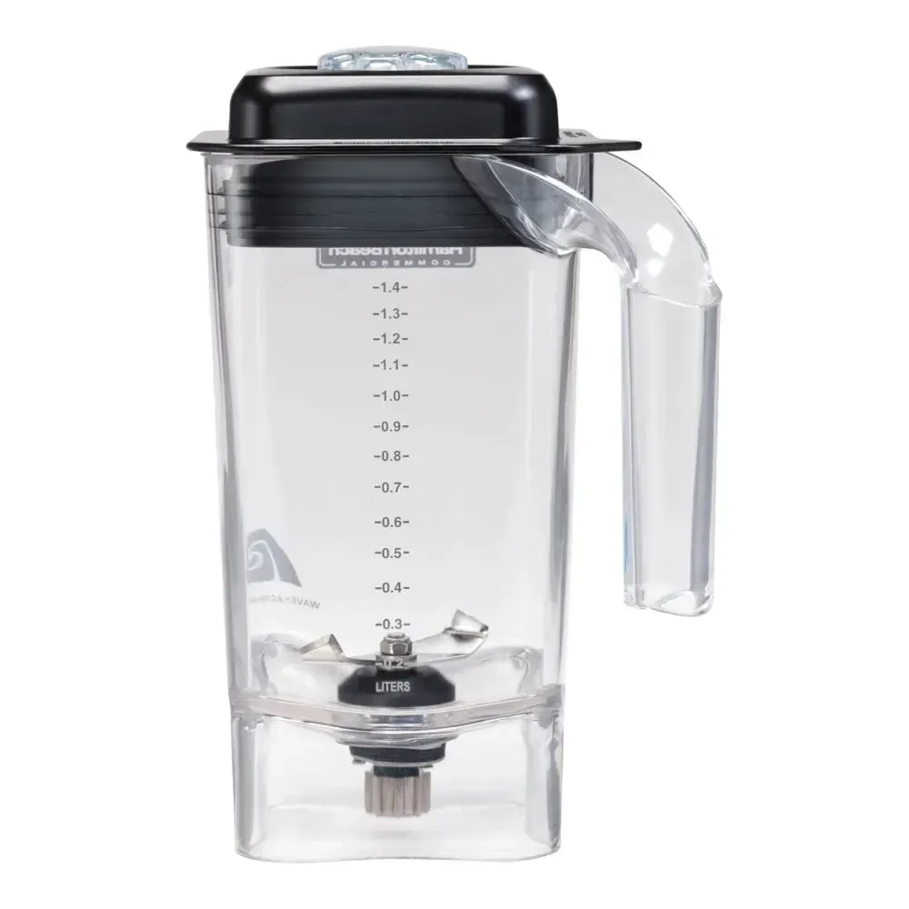 Hamilton Beach blender container with a durable blade assembly, measurement markings, and a secure lid for commercial bar blenders.