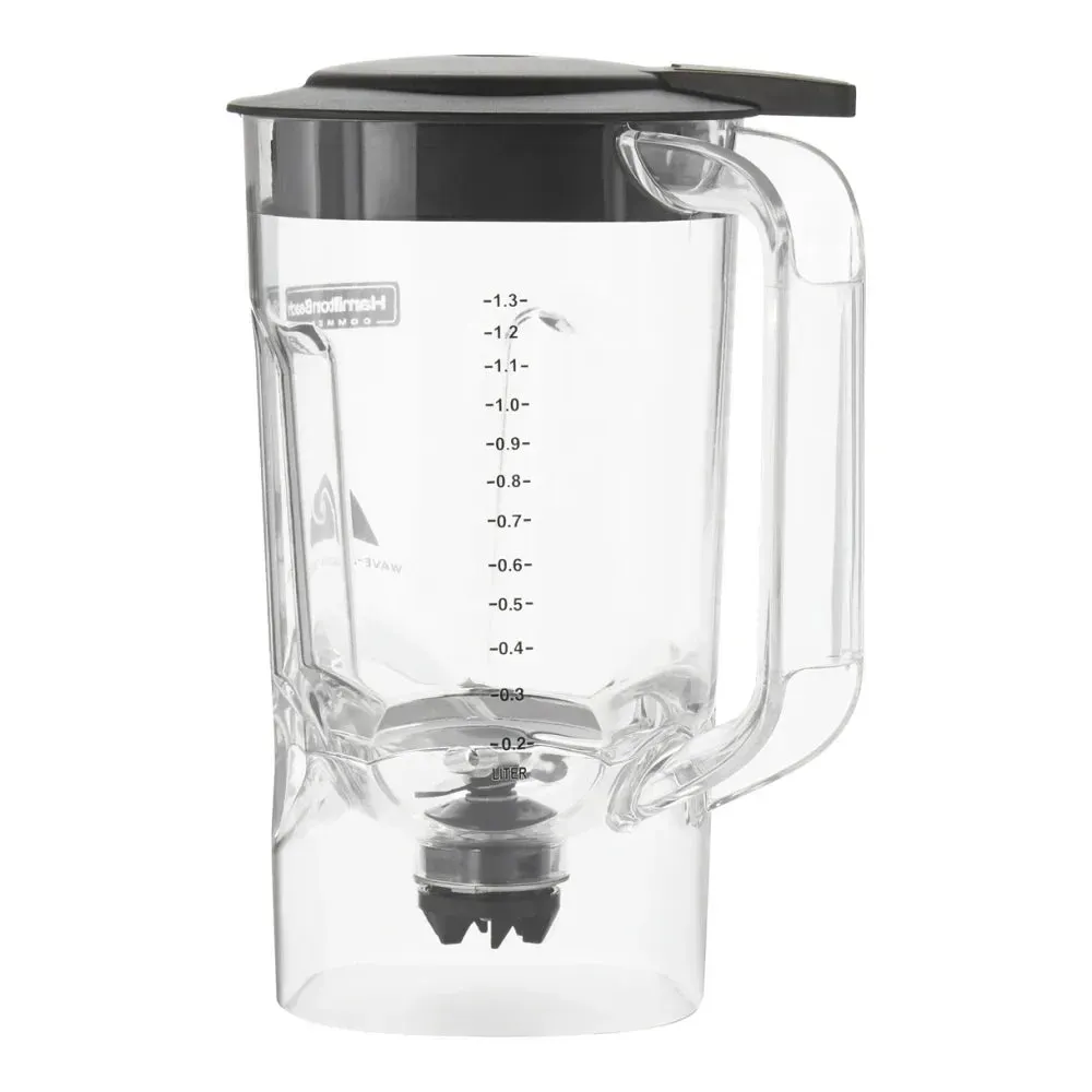 Clear polycarbonate Hamilton Beach blender container with side handle, stainless blade, and black snap-on lid for secure high-speed blending.