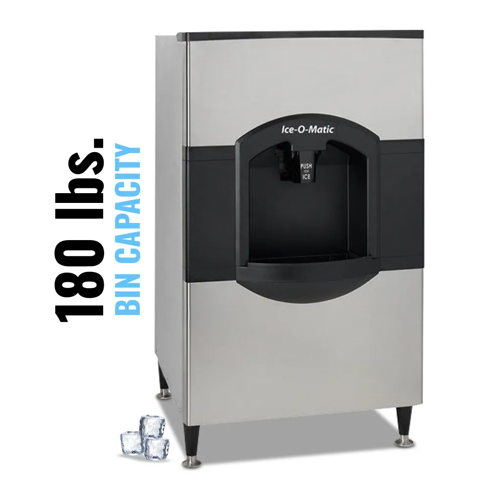Ice-O-Matic floor model water cube ice dispenser with built-in storage, ideal for easy ice access in restaurants, bars, and cafes.