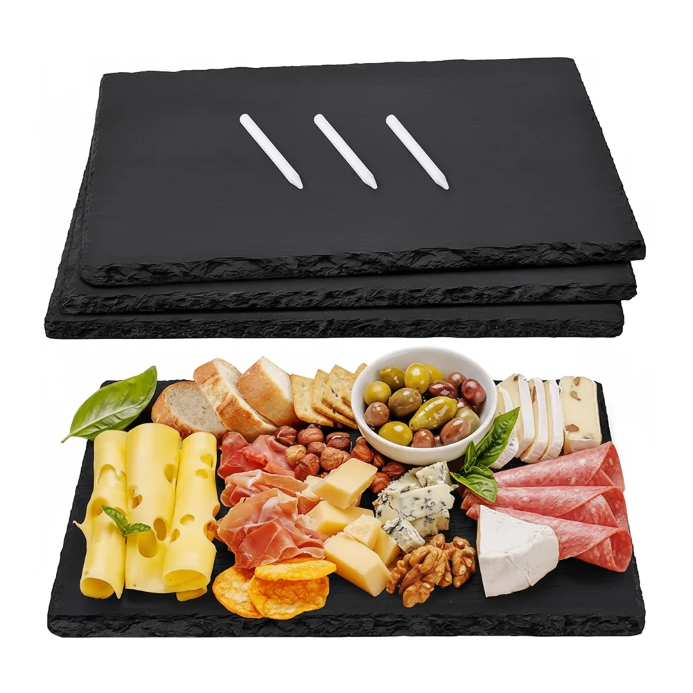 ServeCraft Series Black Slate Serving Boards, Cheese & Meat Platters, 15" X 10", 4 Pieces