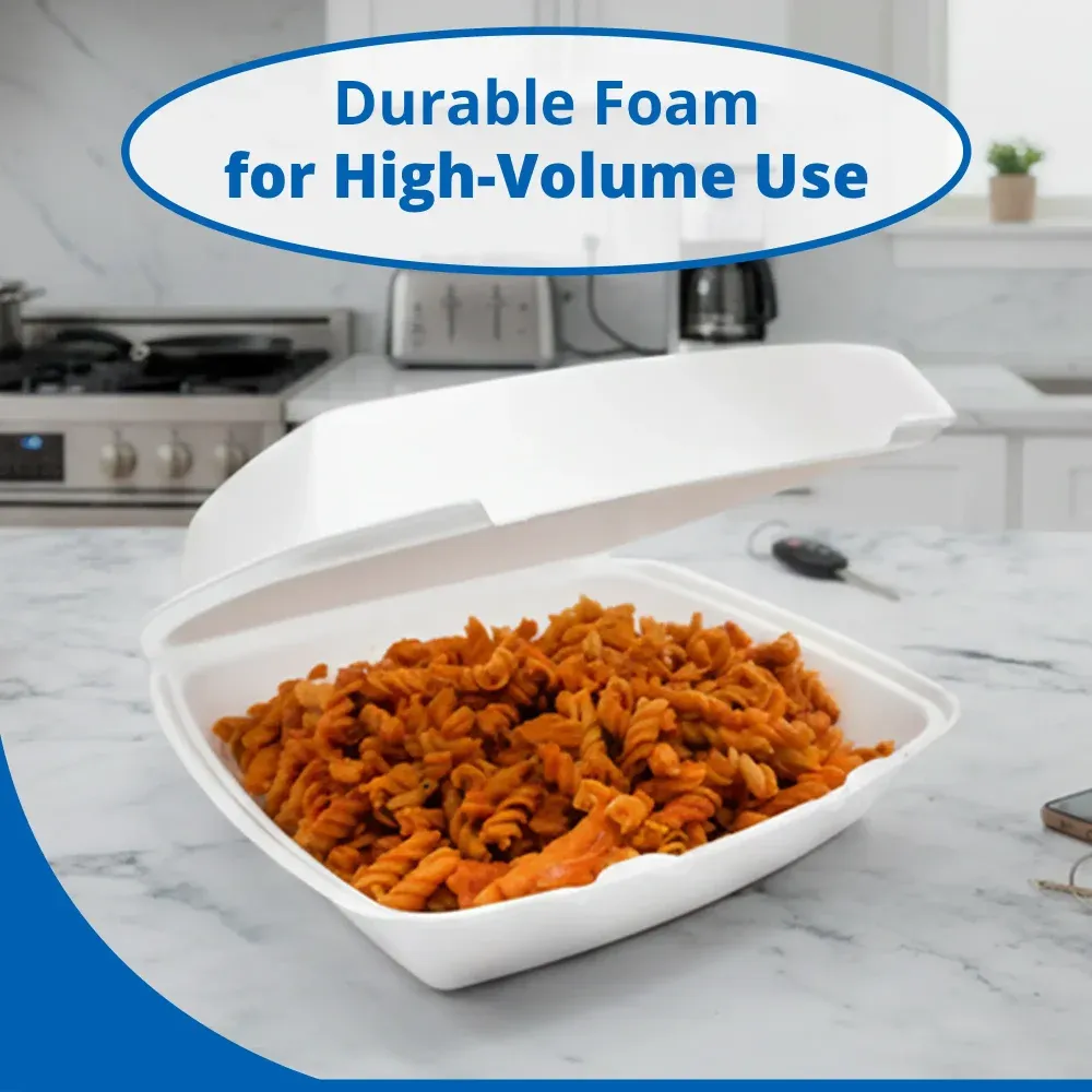 Dart 85HT1R Foam Take Out Container with Hinged Lid, Square, Medium, 8.37" x 7.87" x 3.25", White, 200/Case