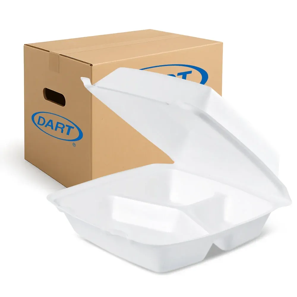 Dart 95HT3R Three-Compartment Foam Take Out Container with Hinged Lid, Square, Medium, 8.37" x 7.87" x 3.25", White, 200/Case