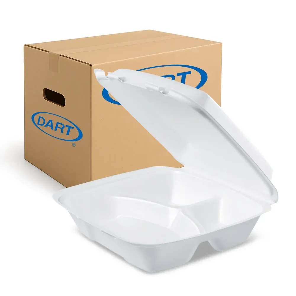 Dart 90HT3R Three-Compartment Foam Take Out Container with Hinged Lid, Square, 9.37" x 9" x 3", 200/Case