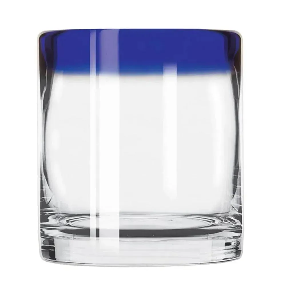 Cobalt rimmed rocks glass from Libbey adds a retro pop to restaurant craft cocktails, its customizable bowl perfect for a signature old fashioned.