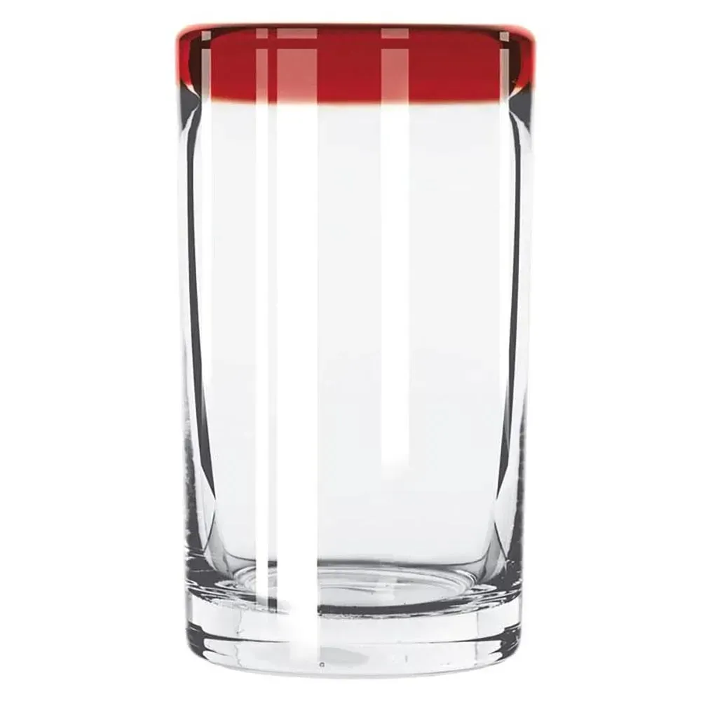 Vibrant round cooler glass by Libbey with a red rim brings island flair to hotel pool bars, with customizable clarity for sharp branding.