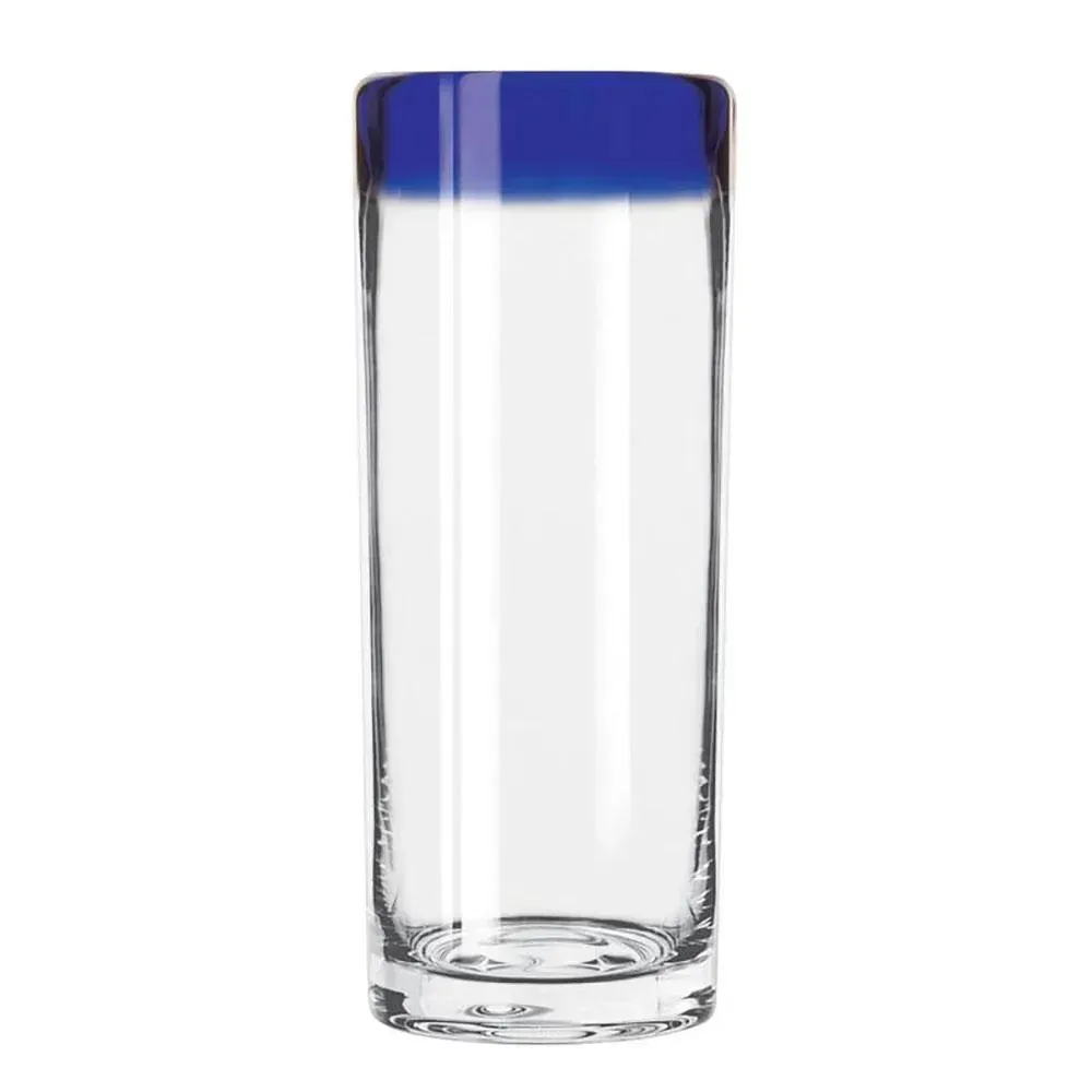 Clear zombie glass from Libbey with a cobalt blue rim, ideal for stylishly serving tropical cocktails and long drinks at parties or bars.
