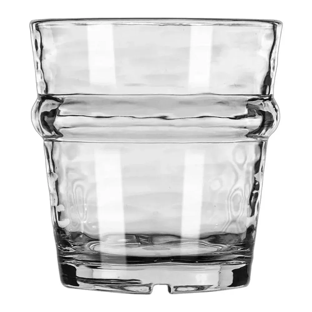 Petite textured stackable rocks glasses in Tritan plastic by Libbey, designed for small pours and space saving storage in compact setups.