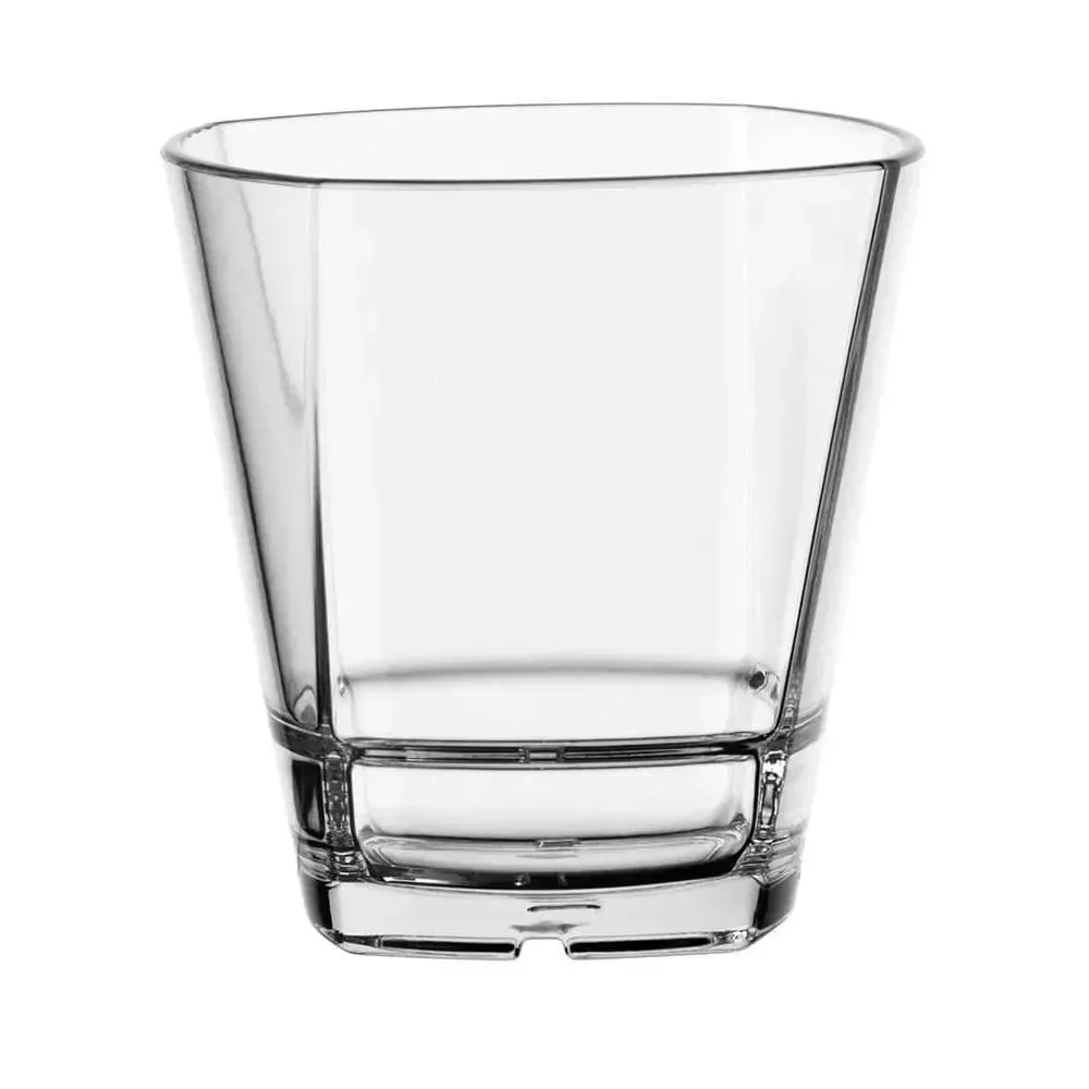 Robust stackable double old fashioned glass in Tritan plastic by Libbey, ideal for carefree whiskey or cocktail service in or outdoors.