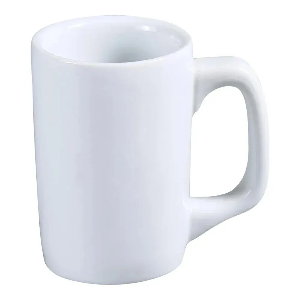 White chinaware coffee mug from Yanco China with a comfortable handle, perfect for daily hot beverage service in restaurants or cafés.