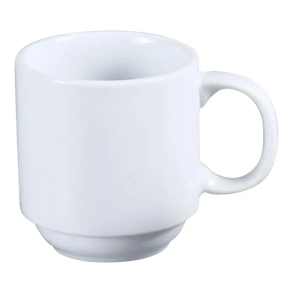 Stackable coffee tea mug by Yanco China in white chinaware, crafted for comfort and efficient storage in busy commercial environments.