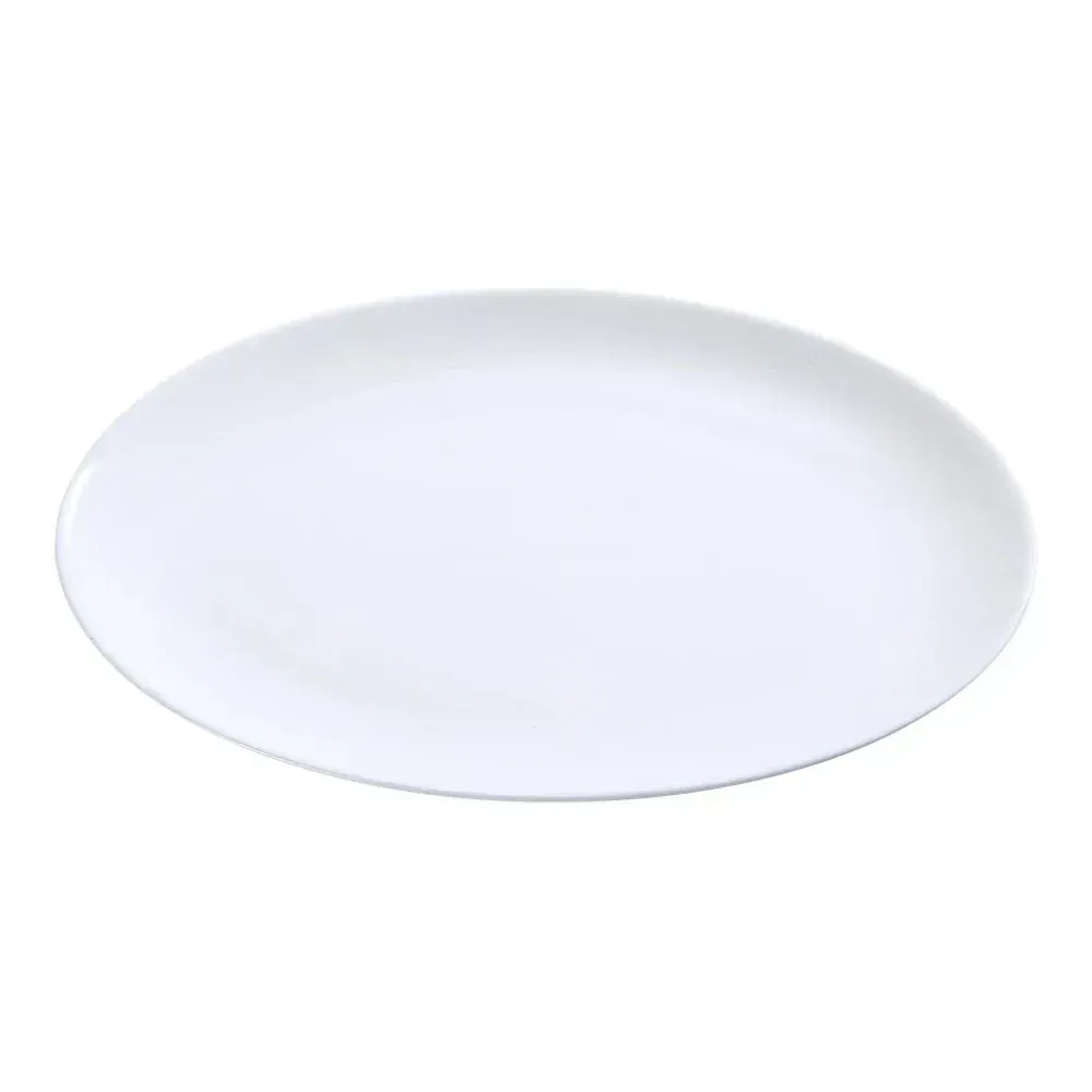 Round coupe platter by Yanco China in white chinaware, ideal for presenting main courses or shared appetizers with a refined, elegant touch.