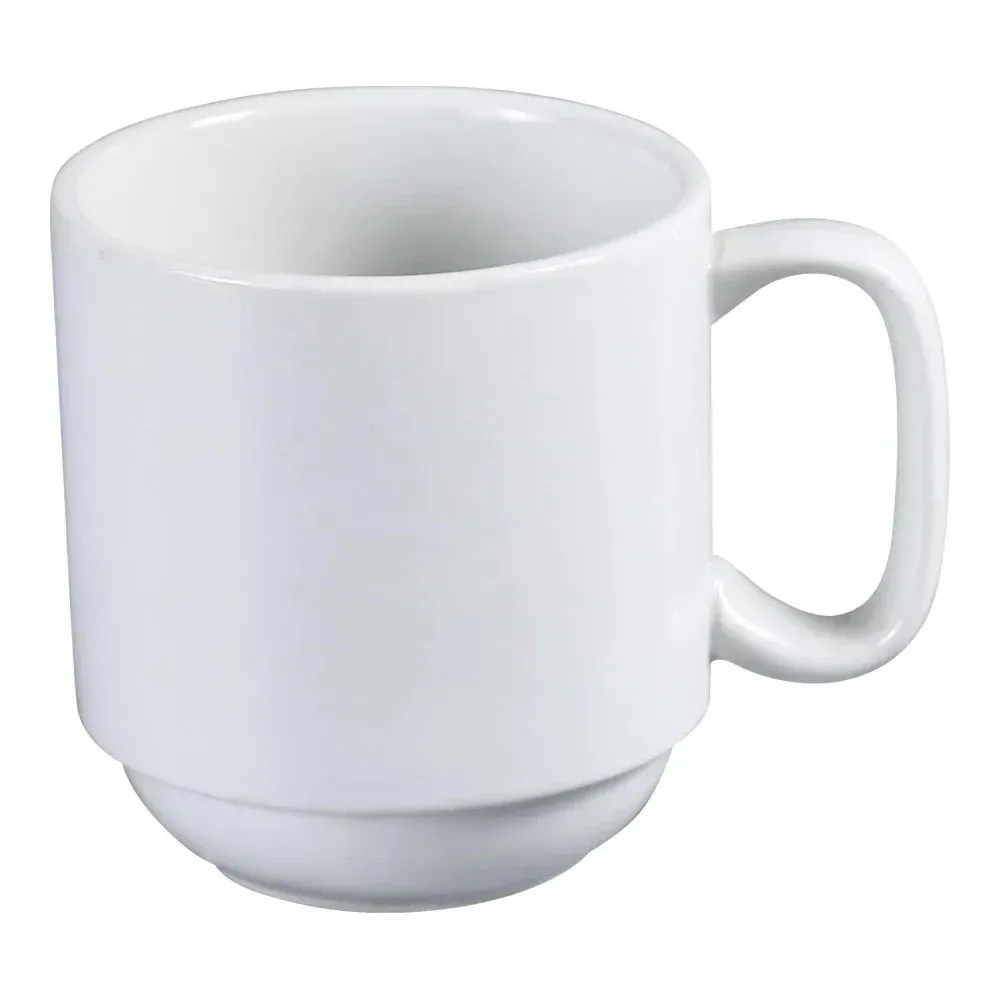Prime white chinaware stackable coffee mug from Yanco China, crafted for comfort and efficient storage in busy cafés and restaurants.