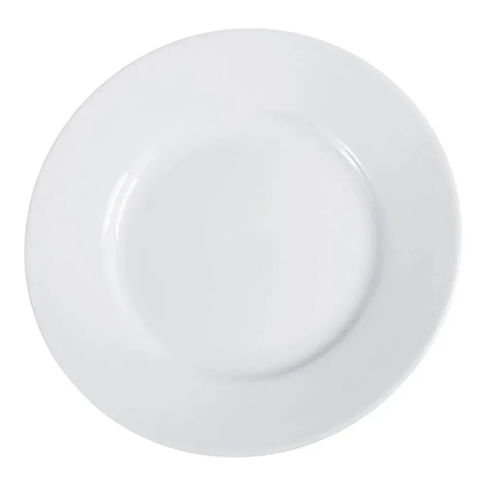 Standard white chinaware round plate from Yanco China, a versatile and durable choice for serving appetizers, salads, or desserts daily.