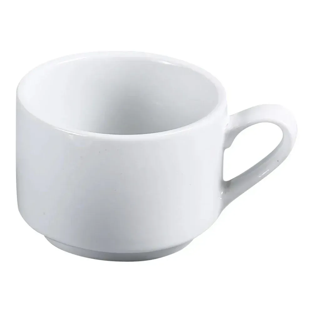 Classic white chinaware stackable coffee cup from Yanco China, designed for durability and efficient storage in busy commercial settings.