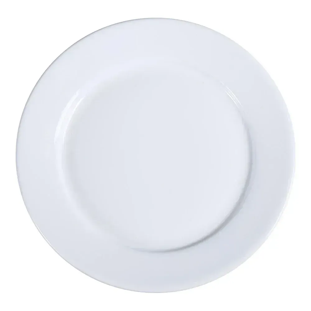 Oversized round white chinaware plate by Yanco China, a durable choice for banquet service, buffet displays, or as a base for centerpieces.