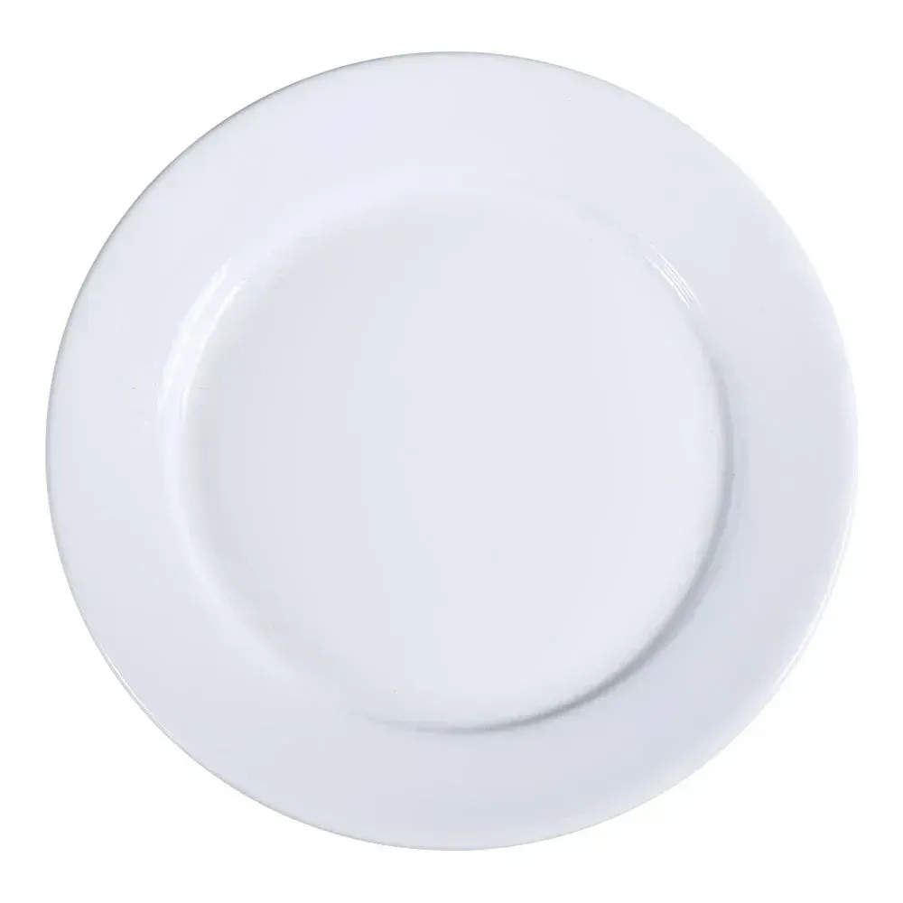 Extra-large round white chinaware plate from Yanco China, ideal as a charger, large pizza plate, or serving platter for shared appetizers.