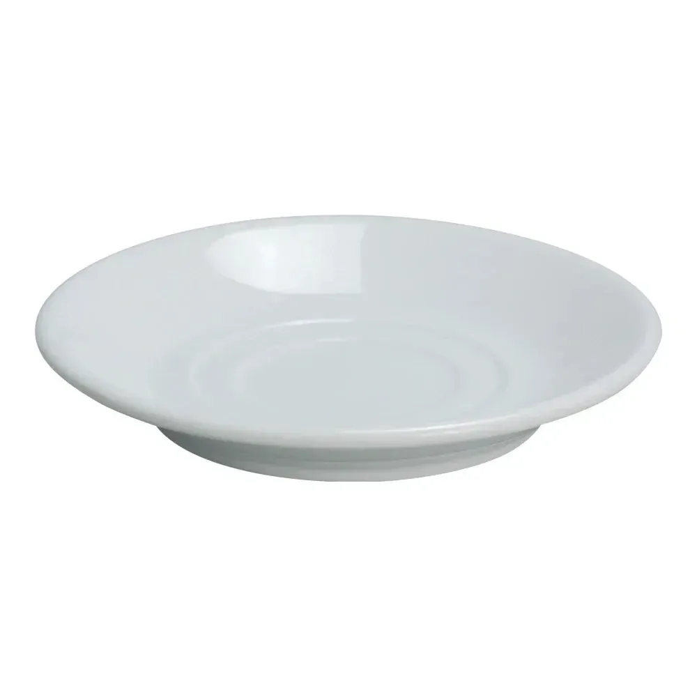 Simple white chinaware saucer from Yanco China, designed to pair with cups and provide a clean functional base for hot beverage service.