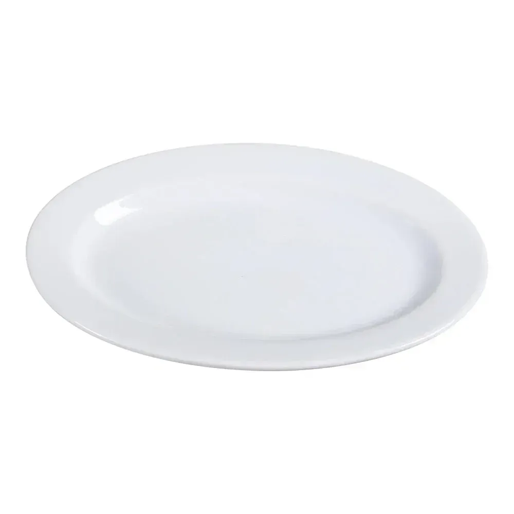 Small white chinaware oval platter from Yanco China, ideal for individual appetizers, desserts, or side dishes in elegant table settings.