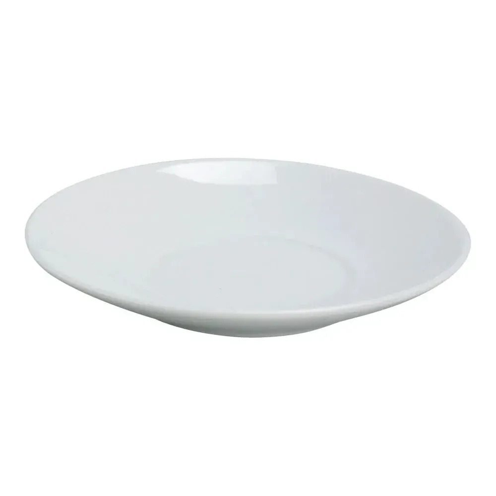 Small white chinaware saucer from Yanco China, designed to pair with a matching espresso cup for stable and complete coffee service in any cafe.