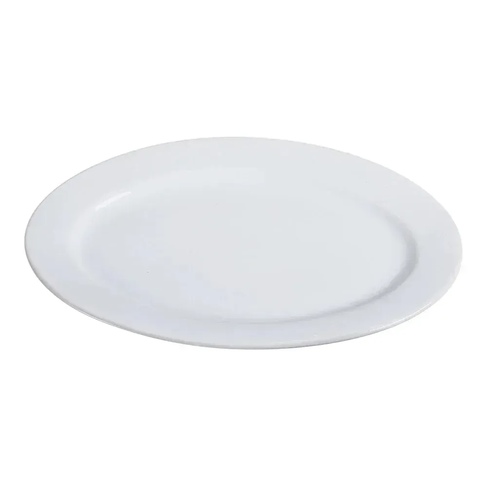 Large white chinaware dinner platter by Yanco China with a classic oval shape, perfect for family-style main courses or shared appetizers.
