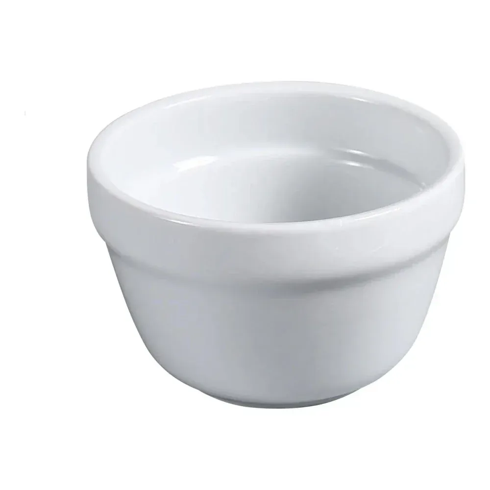 Small white chinaware bouillon cup from Yanco China with a simple rounded shape, ideal for serving broths, consommés, or small soups.